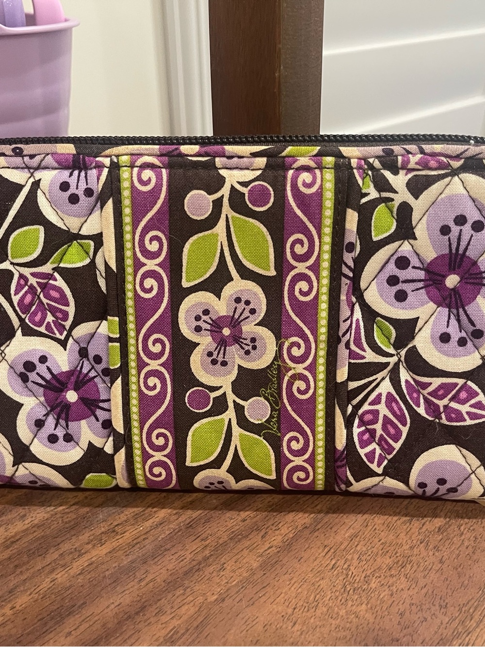 Vera Bradley Purple Floral Quilted Zip Pouch with Green Accents